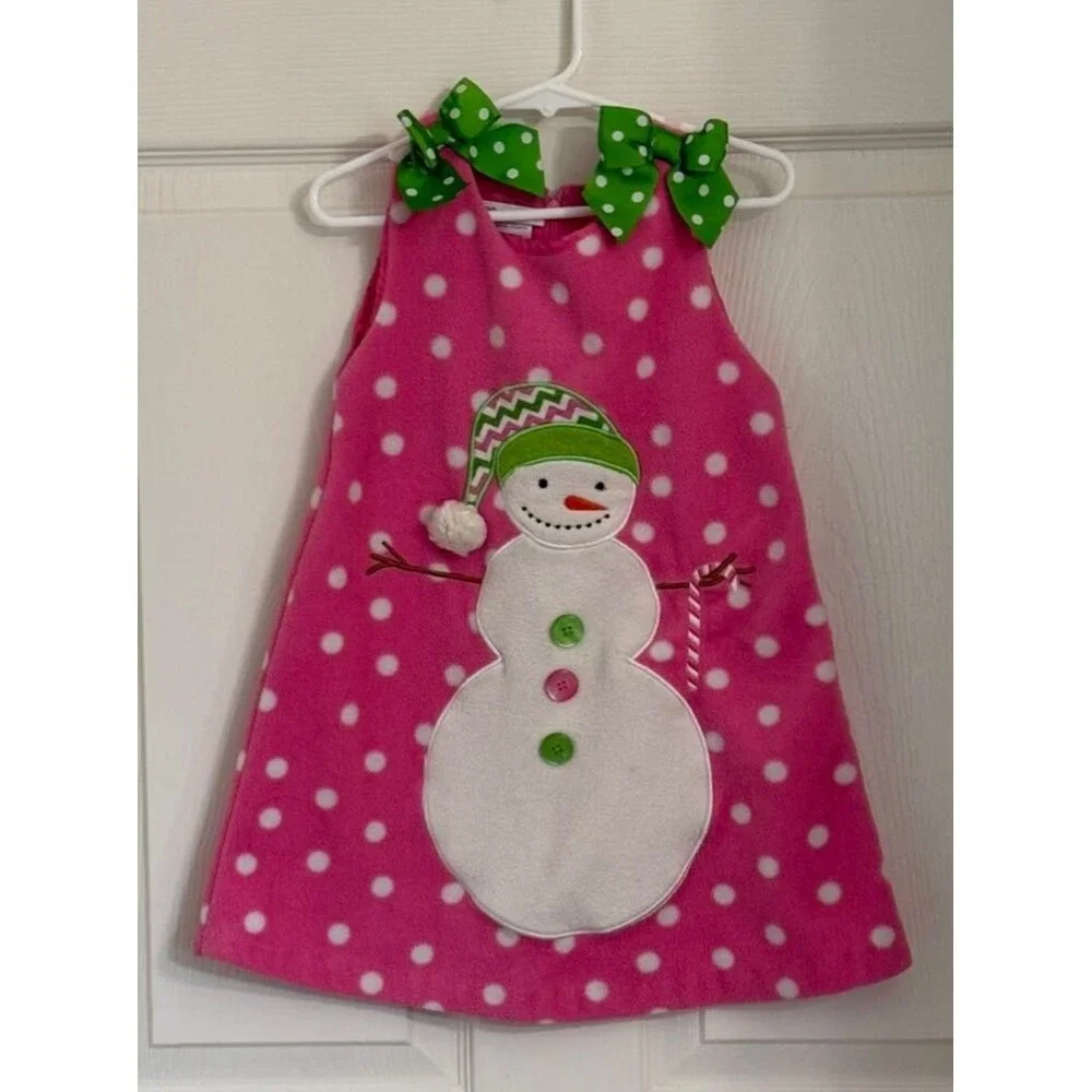 Bonnie Jean Girls Pink Polka Dot Snowman Christmas Holiday Dress Size 4